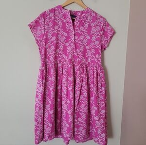 Anthropologie Ro's Garden Cotton Pink Floral Short Sleeve Mini Dress Size Small